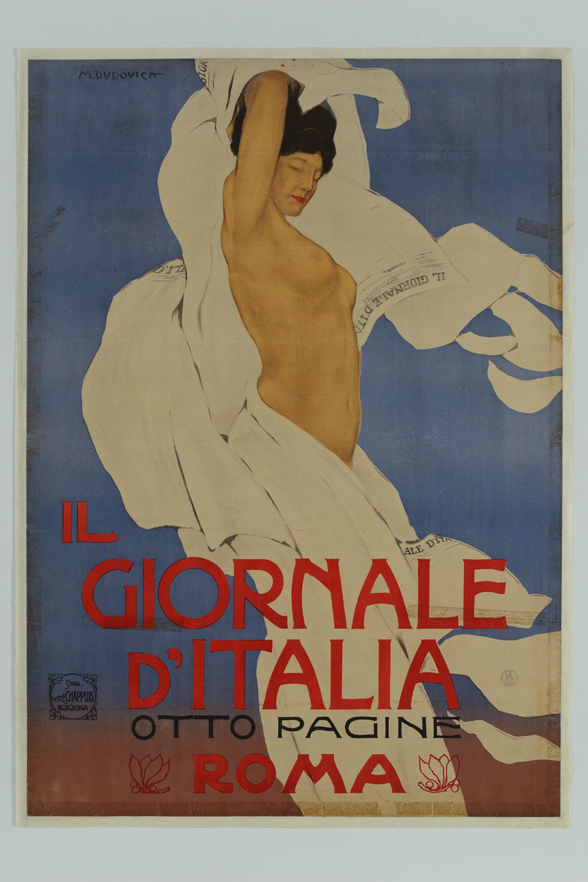 donna seminuda danza avvolta dai fogli di giornale (manifesto) di Dudovich Marcello (sec. XX)