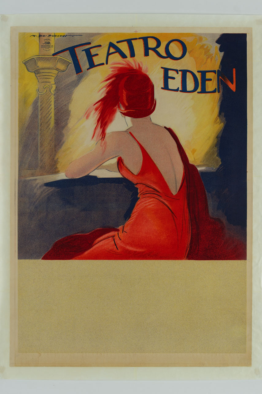 donna in abito e cappello rosso seduta di spalle in un palchetto di teatro (manifesto) di Dudovich Marcello (sec. XX)