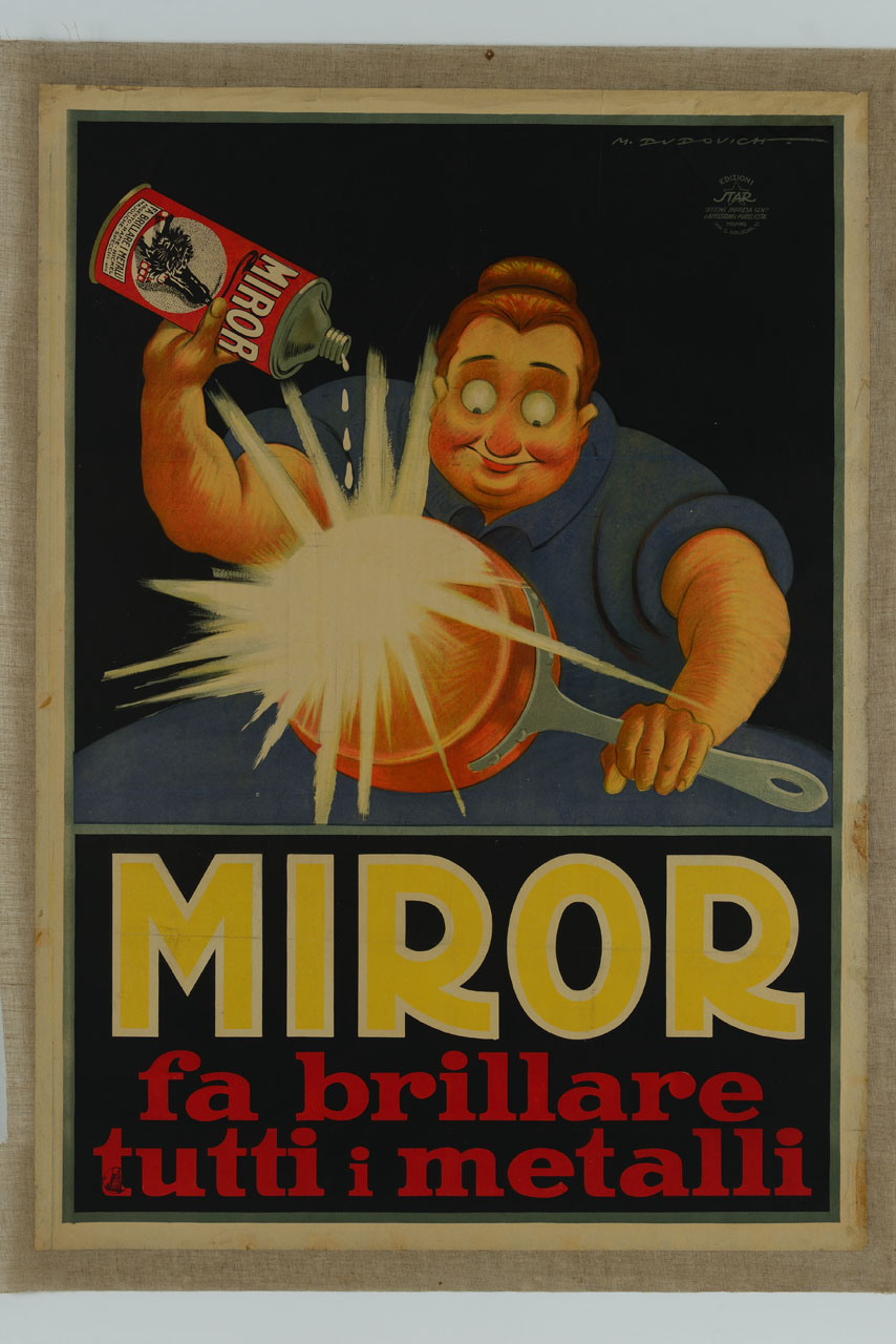 donna di casa pulisce e fa brillare soddisfatta la pentola in rame (manifesto) di Dudovich Marcello (sec. XX)