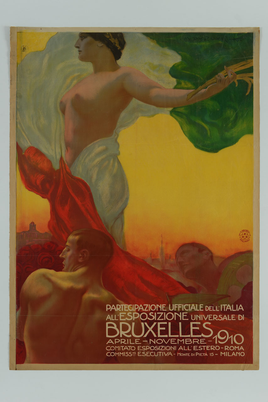 donna seminuda avvolta dalla bandiera tricolore e alzata da due uomini a torso nudo (manifesto) di Dudovich Marcello (sec. XX)