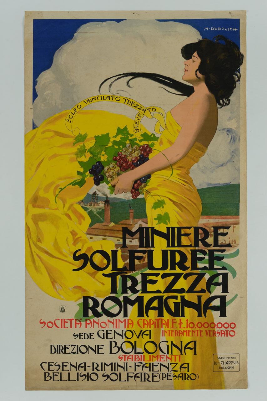 donna di profilo in abito giallo svolazzante tiene tra le mani dei grappoli d'uva (manifesto) di Dudovich Marcello (sec. XX)