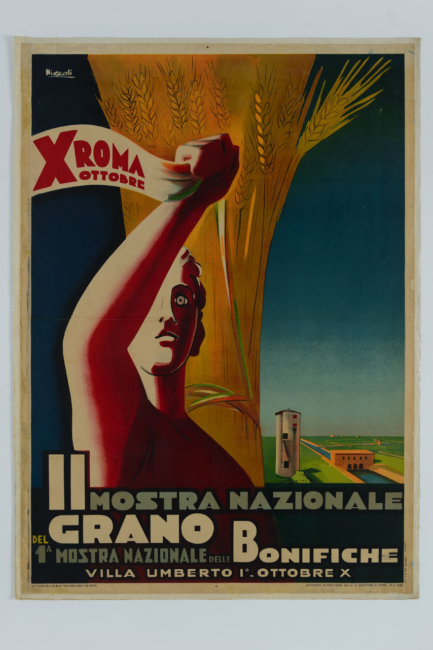 figura a mezzo busto tira con il braccio alzato il nastro tricolore con cui è legato il covone di grano alle sue spalle, sullo sfondo di un paesaggio agricolo di bonifica (manifesto) di Nizzoli Marcello (sec. XX)