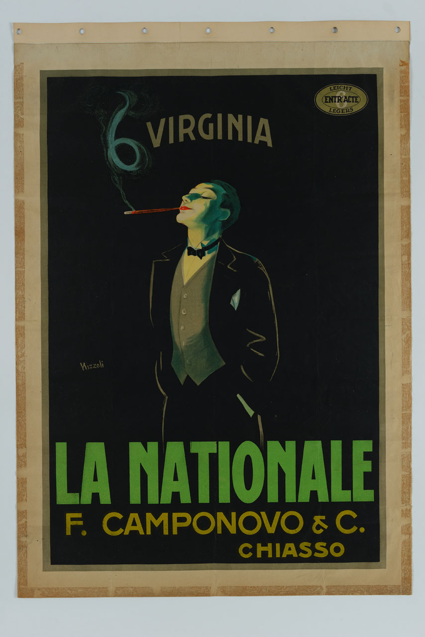 uomo in frac con le mani in tasca fuma una sigaretta con il bocchino (manifesto) di Nizzoli Marcello (sec. XX)