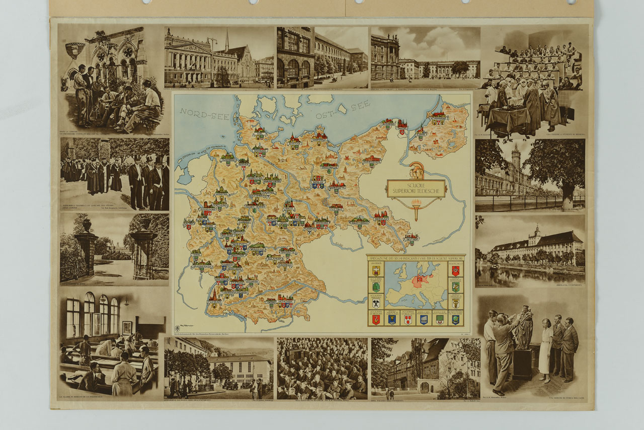carta geografica della Germania e foto di università e centri di formazione (manifesto) di Maz Tefchemacher - ambito tedesco (sec. XX)
