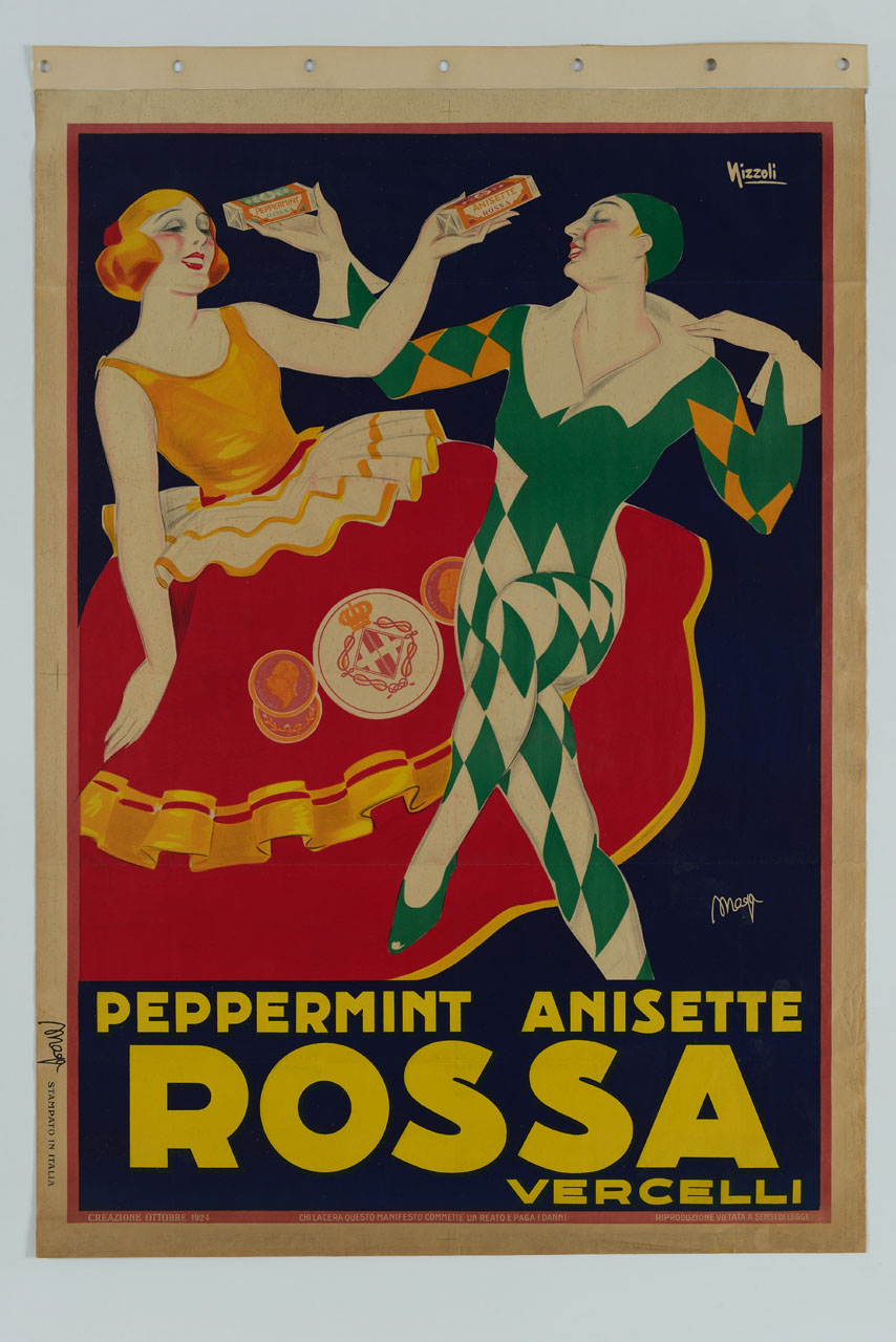 dama e personaggio in costume a losanghe si offrono vicendevolmente scatole di caramelle (manifesto) di Nizzoli Marcello, Magagnoli Giuseppe detto Maga (sec. XX)