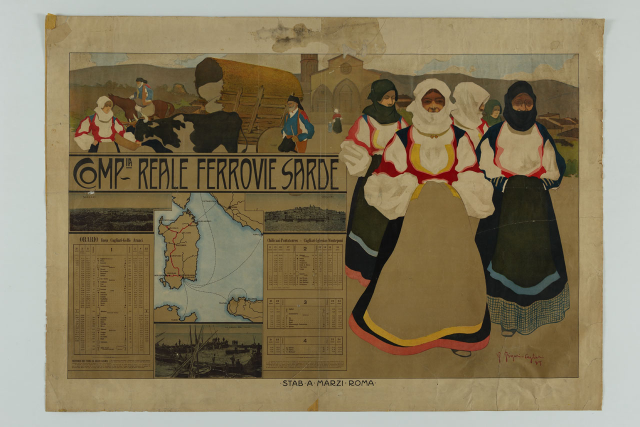 gruppo di donne in abiti tradizionali sardi e scena agreste sullo sfondo (manifesto) di Figari Filippo (sec. XIX)