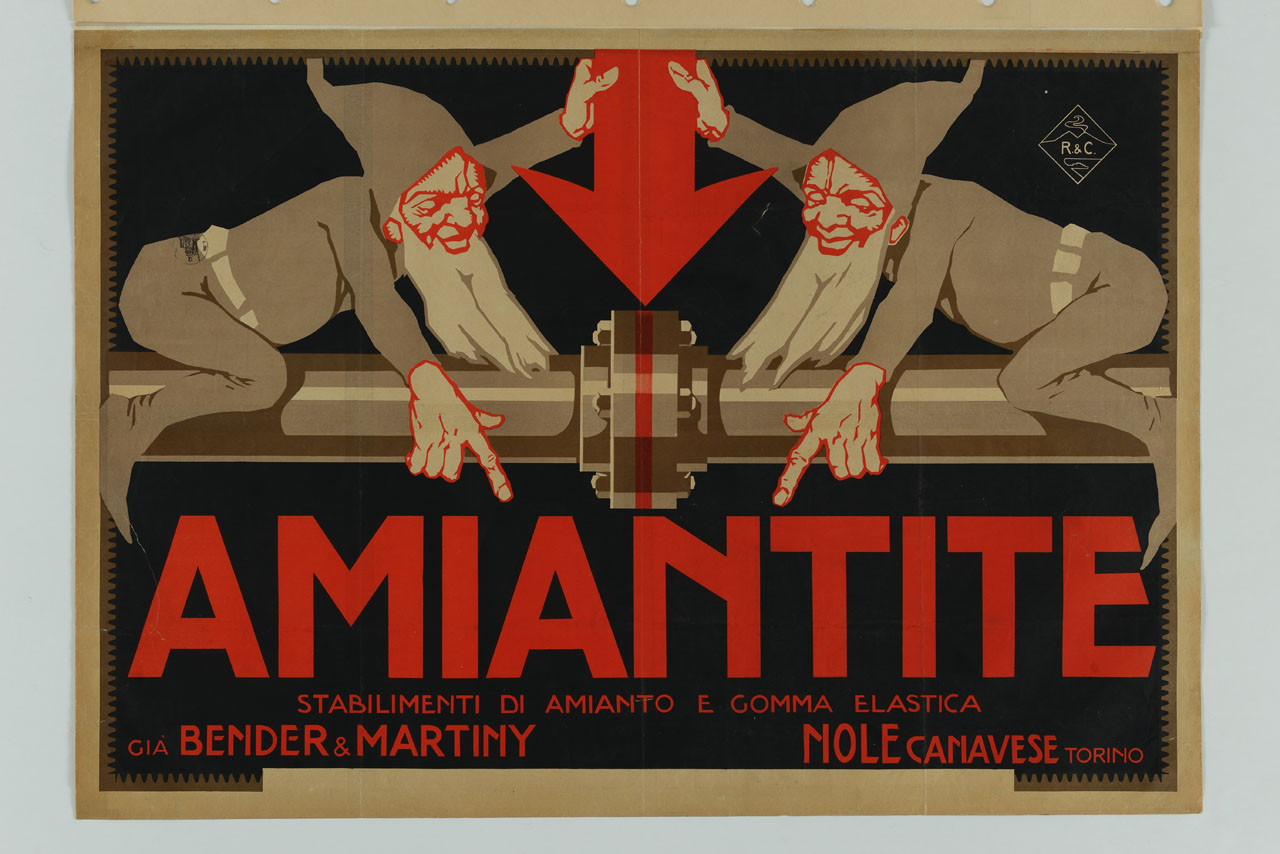 due gnomi a cavalcioni su una tubatura reggono assieme una grande freccia rossa (manifesto) - ambito italiano (sec. XX)