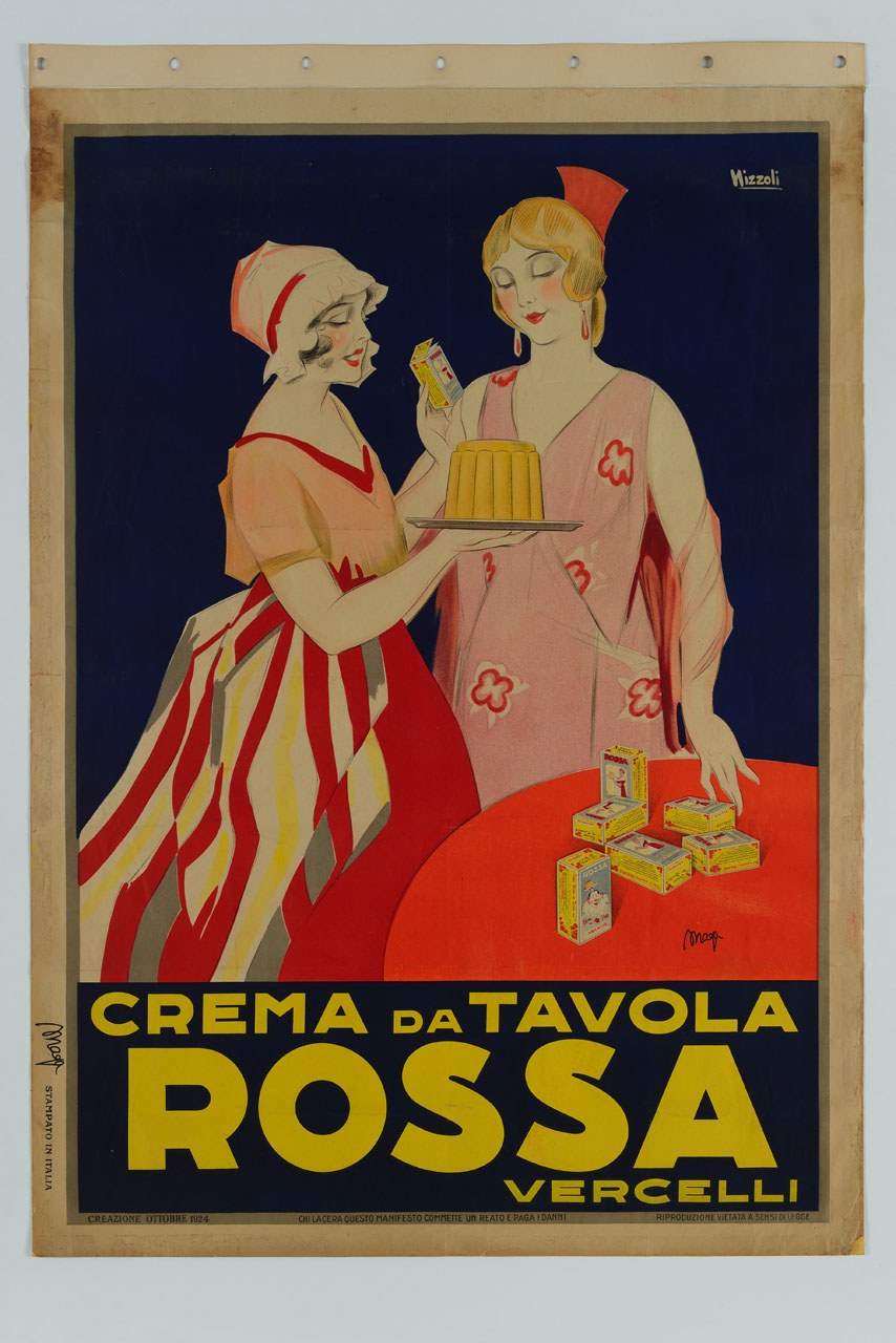 donna con cuffia in testa mostra un vassoio con un budino di crema a un'altra donna con pettine ornamentale tra i capelli (manifesto) di Nizzoli Marcello, Magagnoli Giuseppe detto Maga (sec. XX)