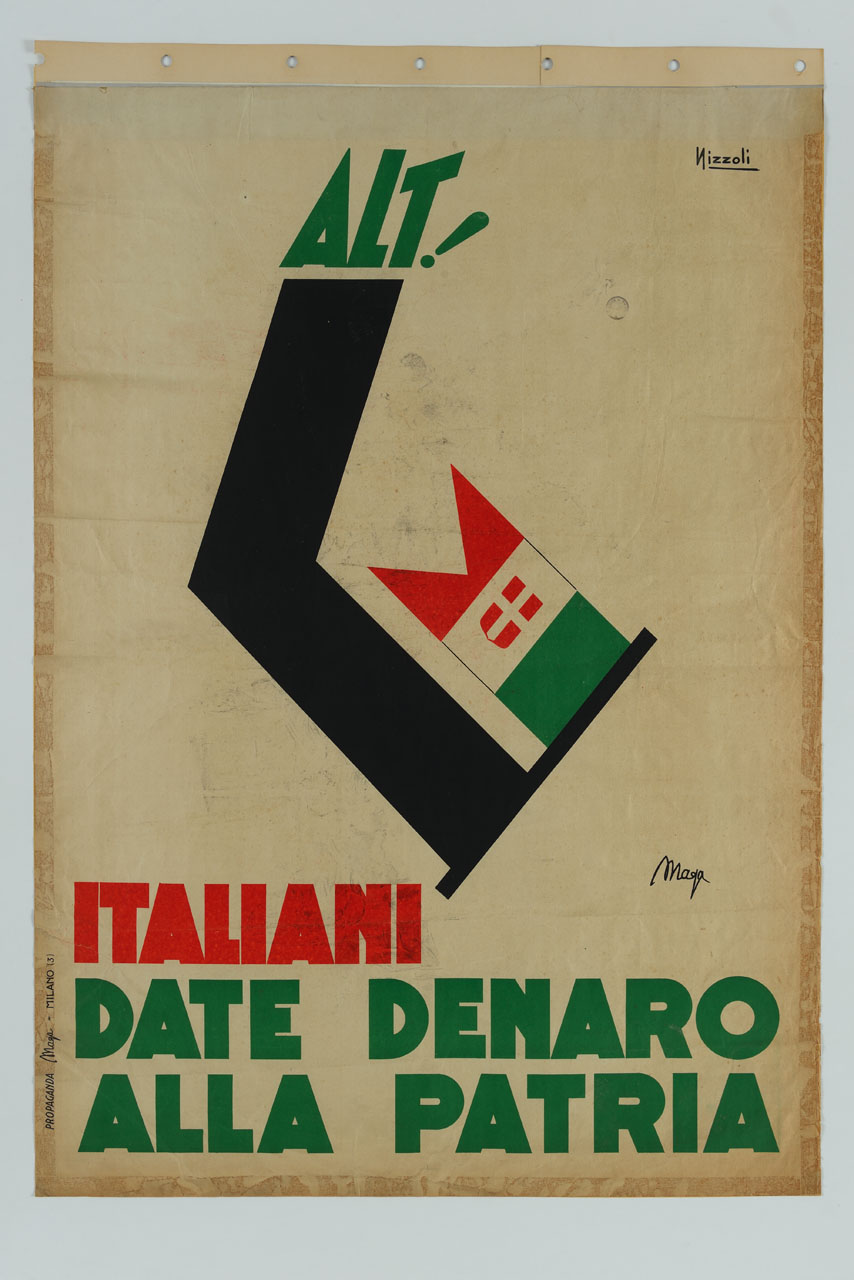braccio stilizzato tiene una bandiera tricolore (manifesto) di Nizzoli Marcello, Magagnoli Giuseppe detto Maga (sec. XX)
