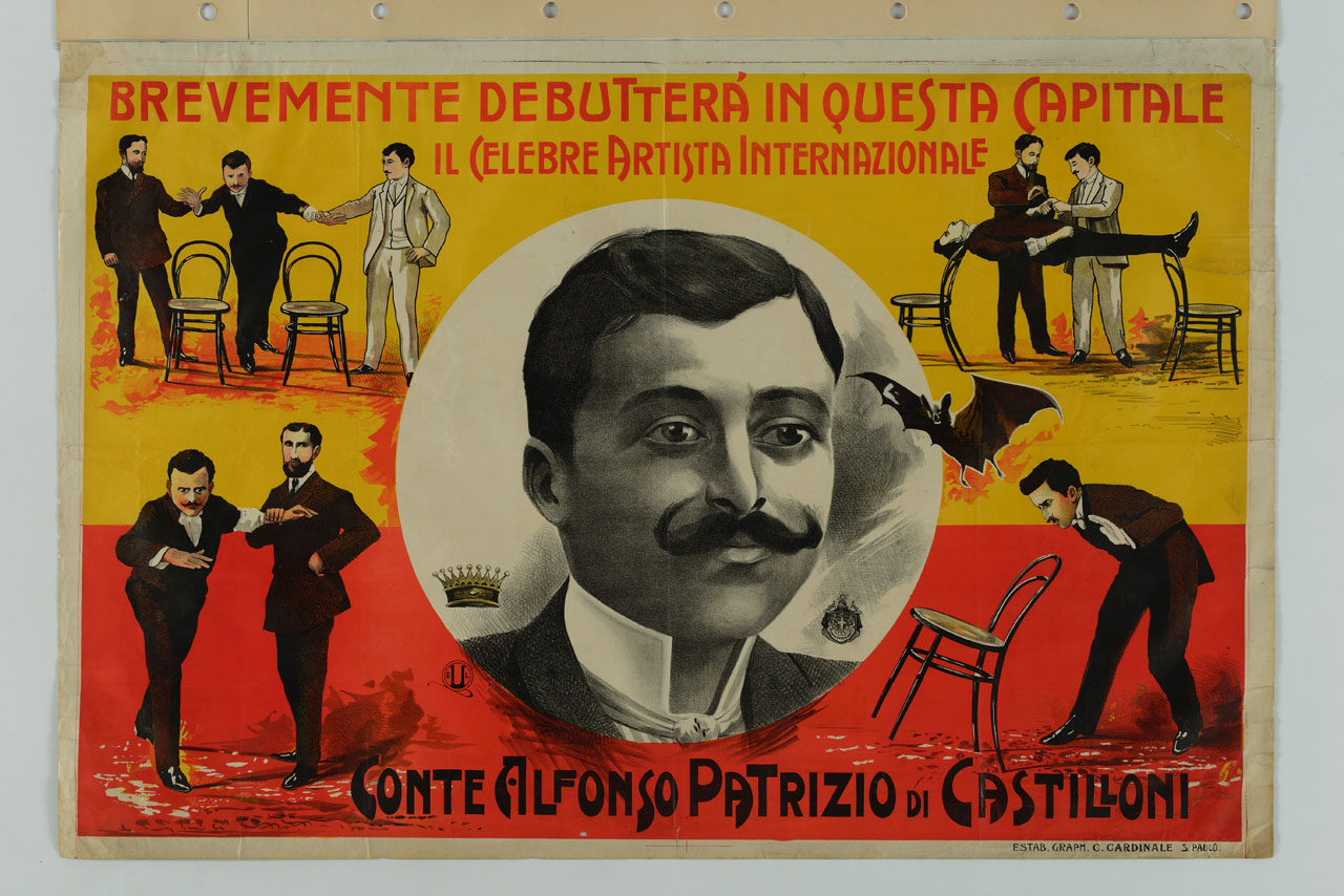 ritratto a mezzo busto di Alfonso Patrizio di Castelloni e scene di illusionismo (manifesto) - ambito brasiliano (secc. XIX)