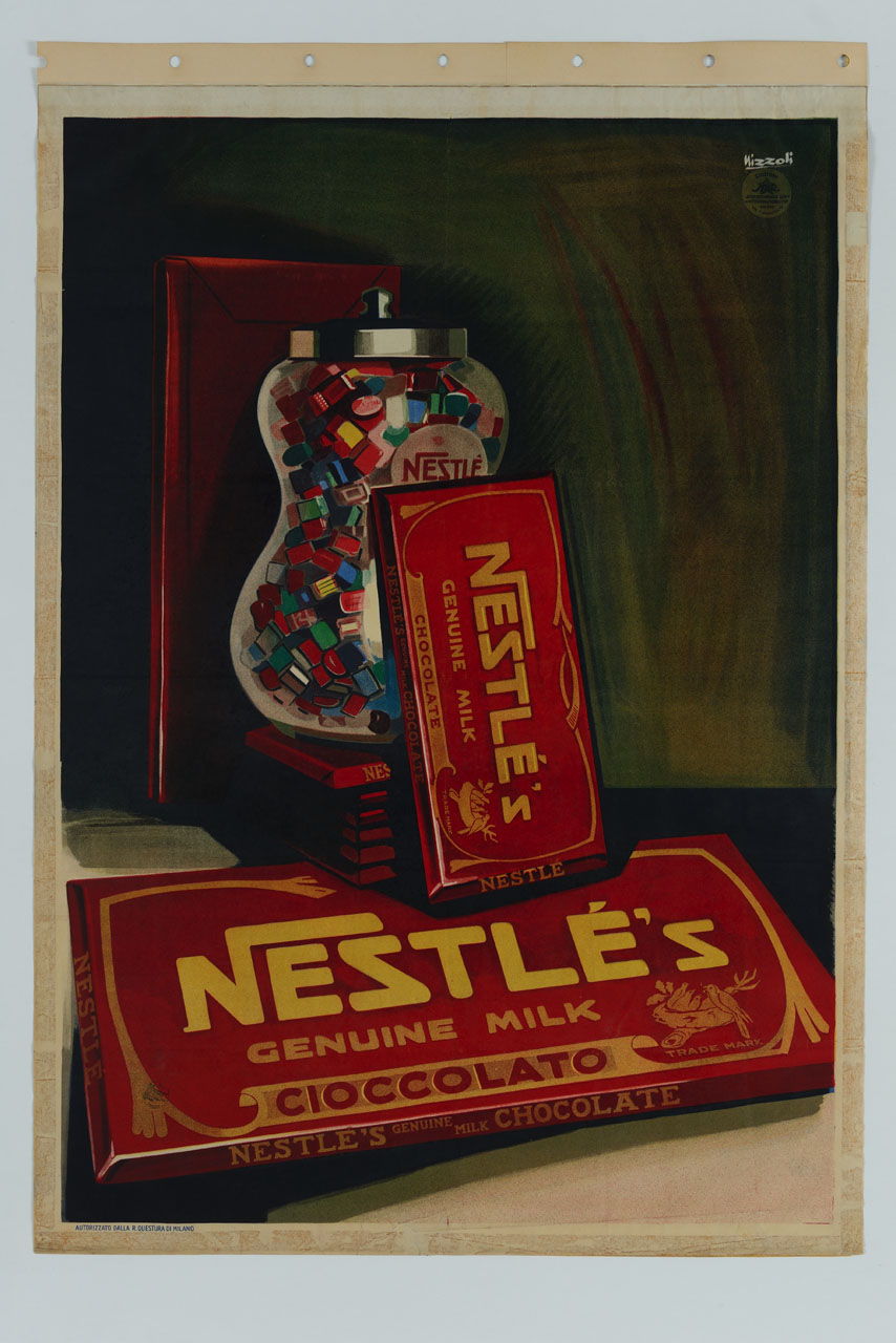 tavolette di cioccolato e vaso di vetro con cioccolatini (manifesto) di Nizzoli Marcello (sec. XX)
