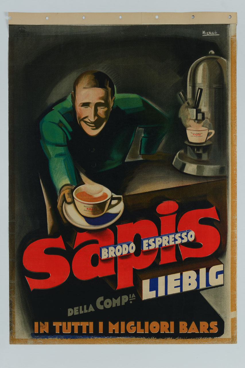 uomo dietro un bancone su cui è poggiato un bollitore offre una tazza di brodo (manifesto) di Nizzoli Marcello (sec. XX)