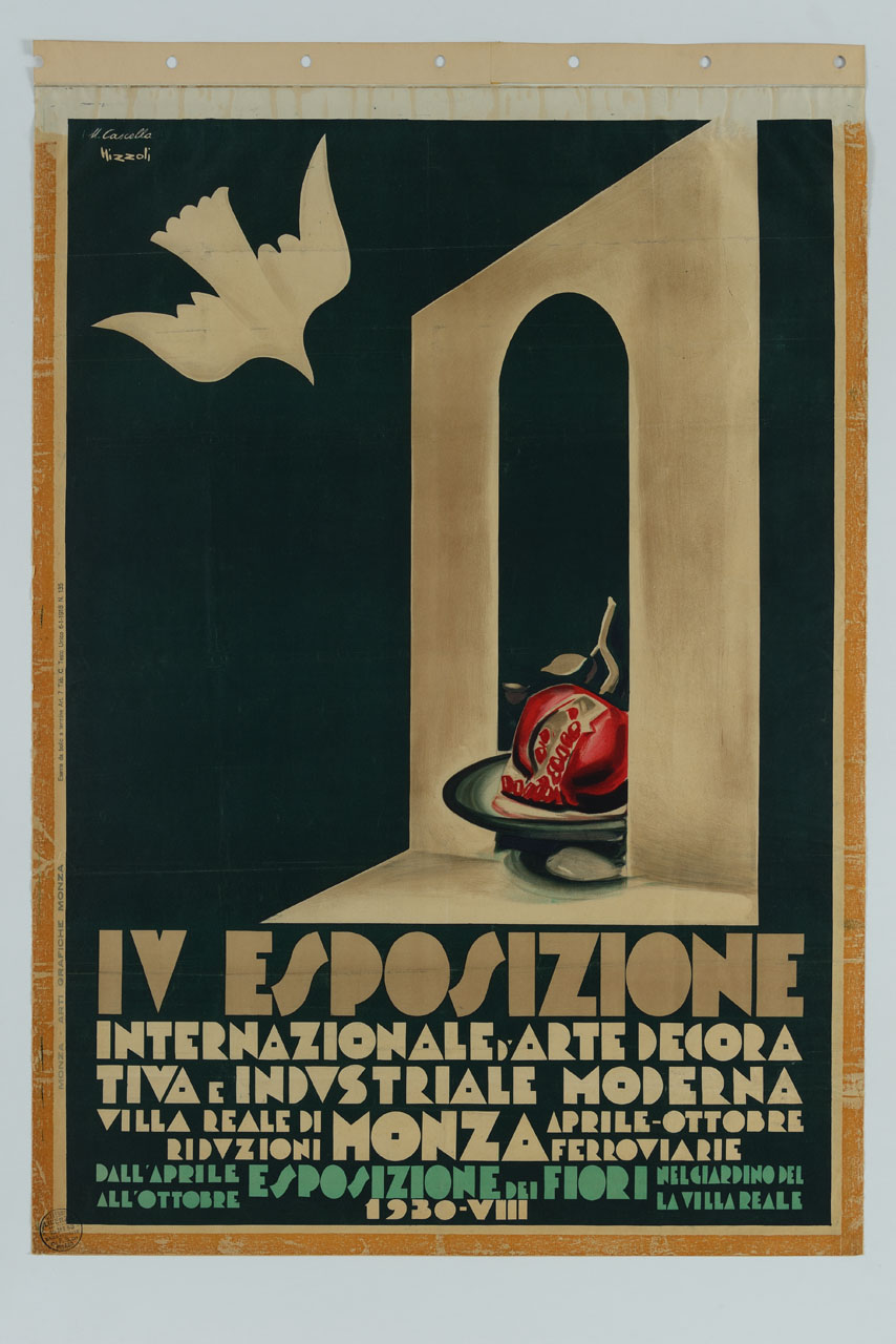 colomba in volo verso una melagrana poggiata su un'alzata posta sotto un arco (manifesto) di Nizzoli Marcello, Cascella Michele (sec. XX)