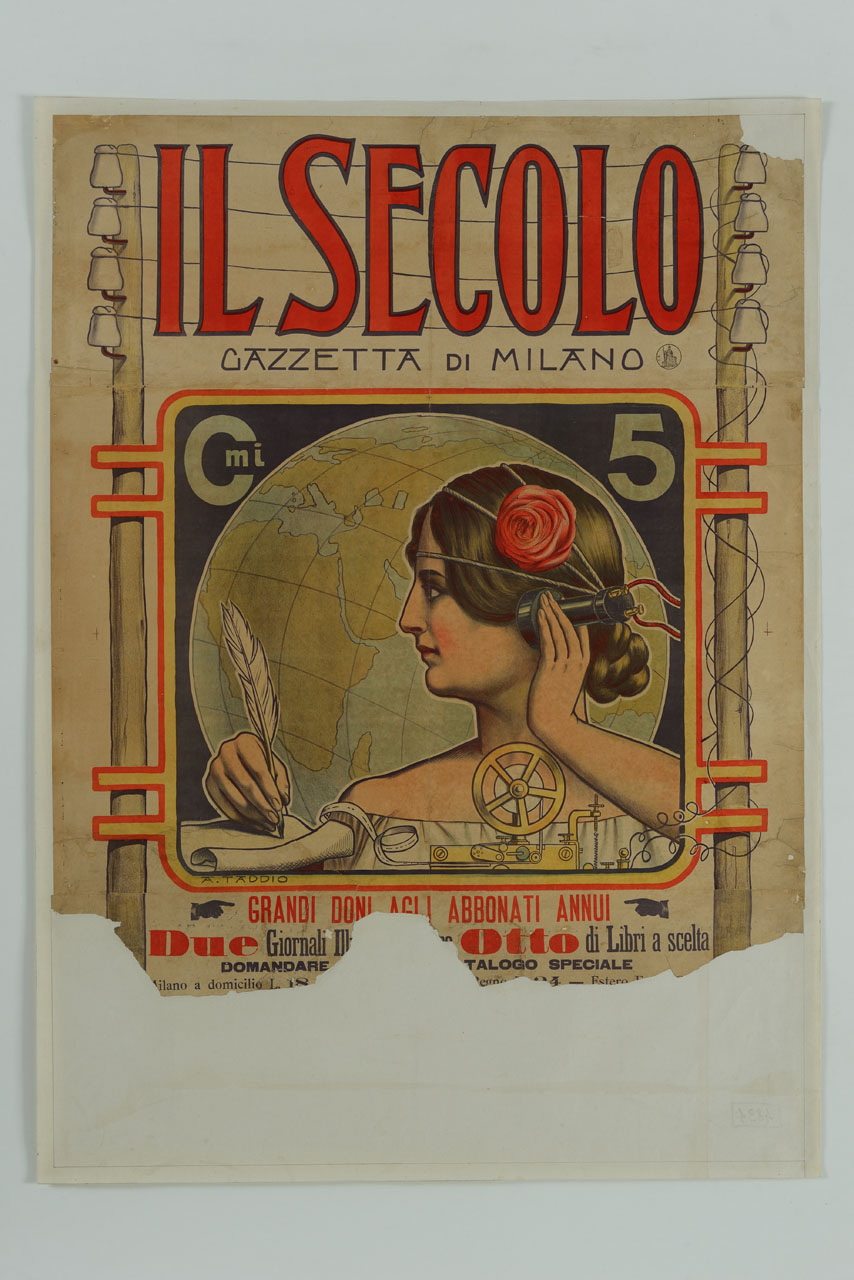 donna al telegrafo scrive sullo sfondo del Globo terrestre e di tralicci elettrici (manifesto) di Taddio Arturo (secc. XIX/ XX)