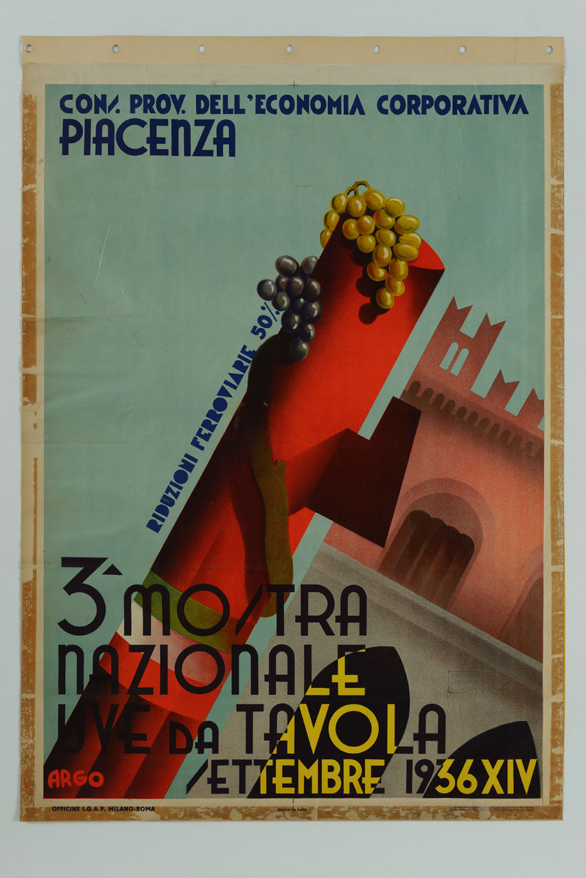 fascio littorio con grappoli d'uva e Palazzo comunale di Piacenza (manifesto) di Argo - ambito italiano (sec. XX)