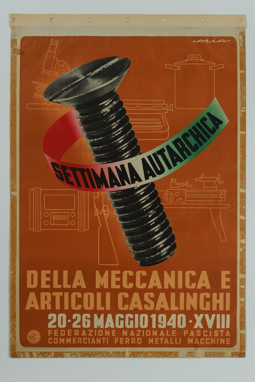 grande vite di metallo e sullo sfondo microscopio, macchina da scrivere, pentola, radio, fucile e macchinario (manifesto) di Lalia Alfredo (sec. XX)