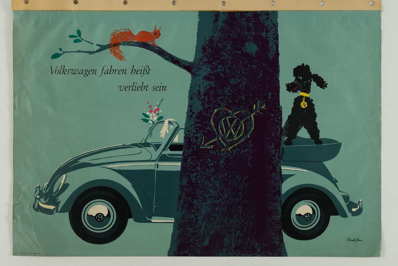 innamorati amoreggiano in un'automobile nascosti da un tronco d'albero e sotto lo sguardo di un cane (manifesto) di Brun Donald (sec. XX)