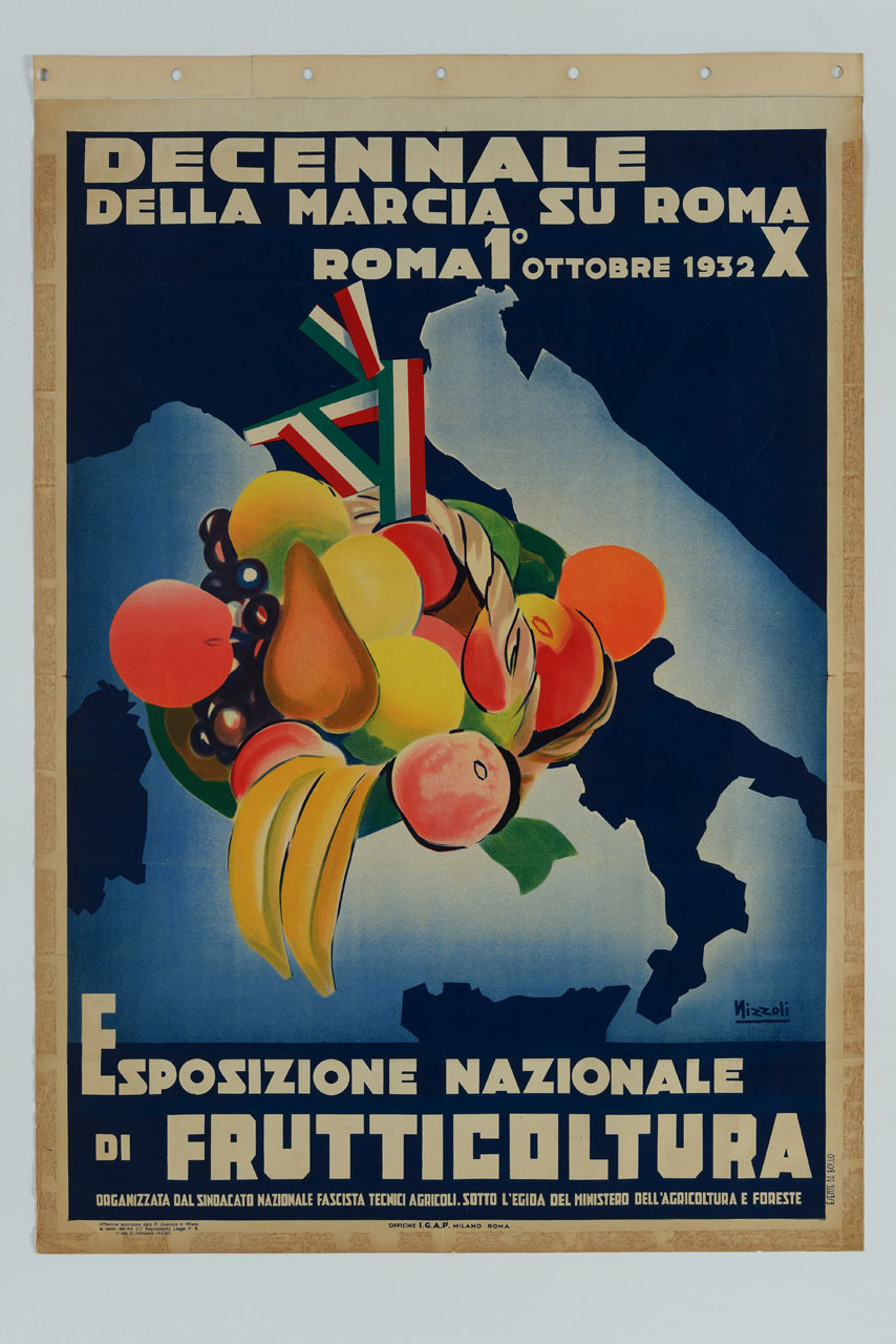 cesto pieno di frutta appeso con un nastro tricolore all'Italia (manifesto) di Nizzoli Marcello (sec. XX)