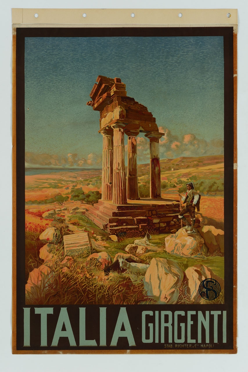 resti di tempio classico con pastore e veduta di colline siciliane (manifesto) - ambito italiano (sec. XX)