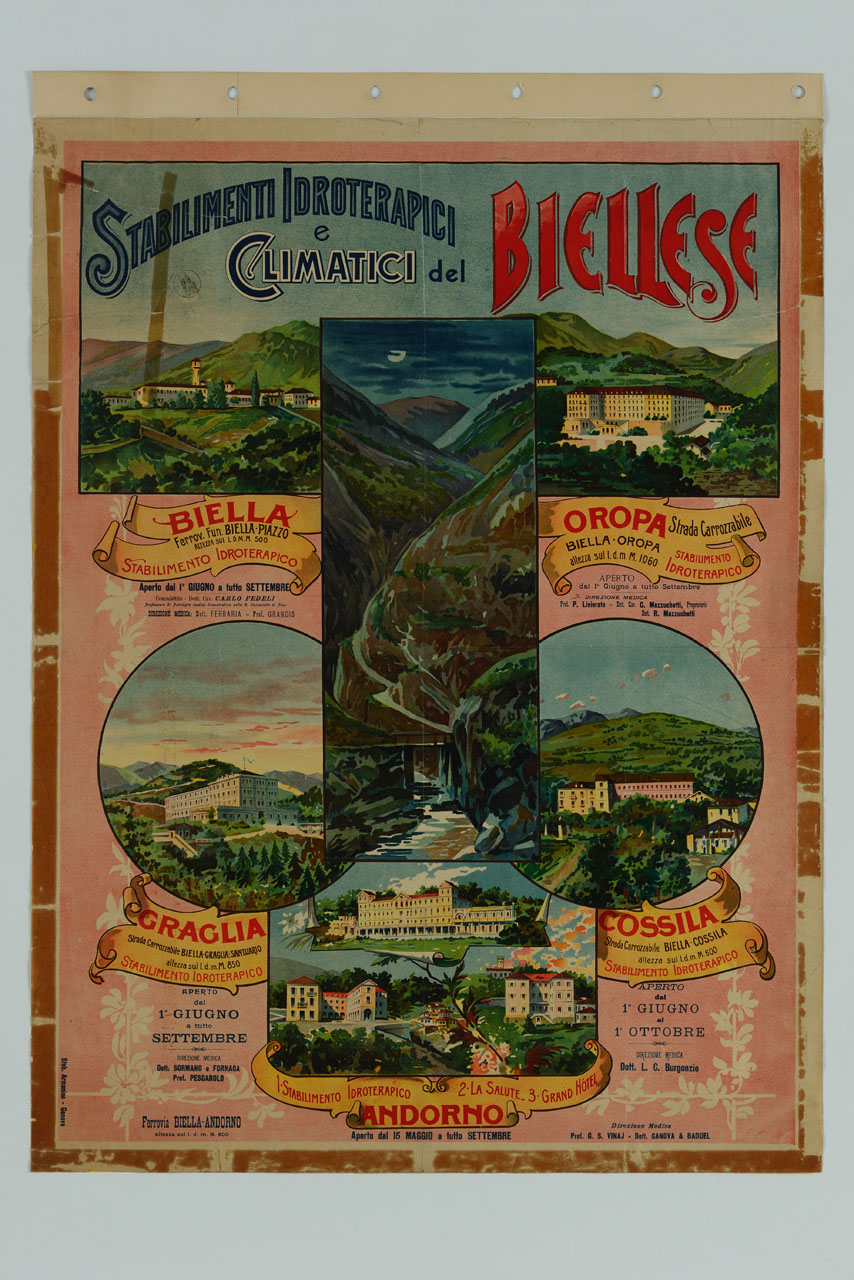 vedute delle strutture di cura di Biella, Oropa, Graglia, Cossila, Andorno e veduta di montagna (manifesto) - ambito italiano (secc. XIX/ XX)