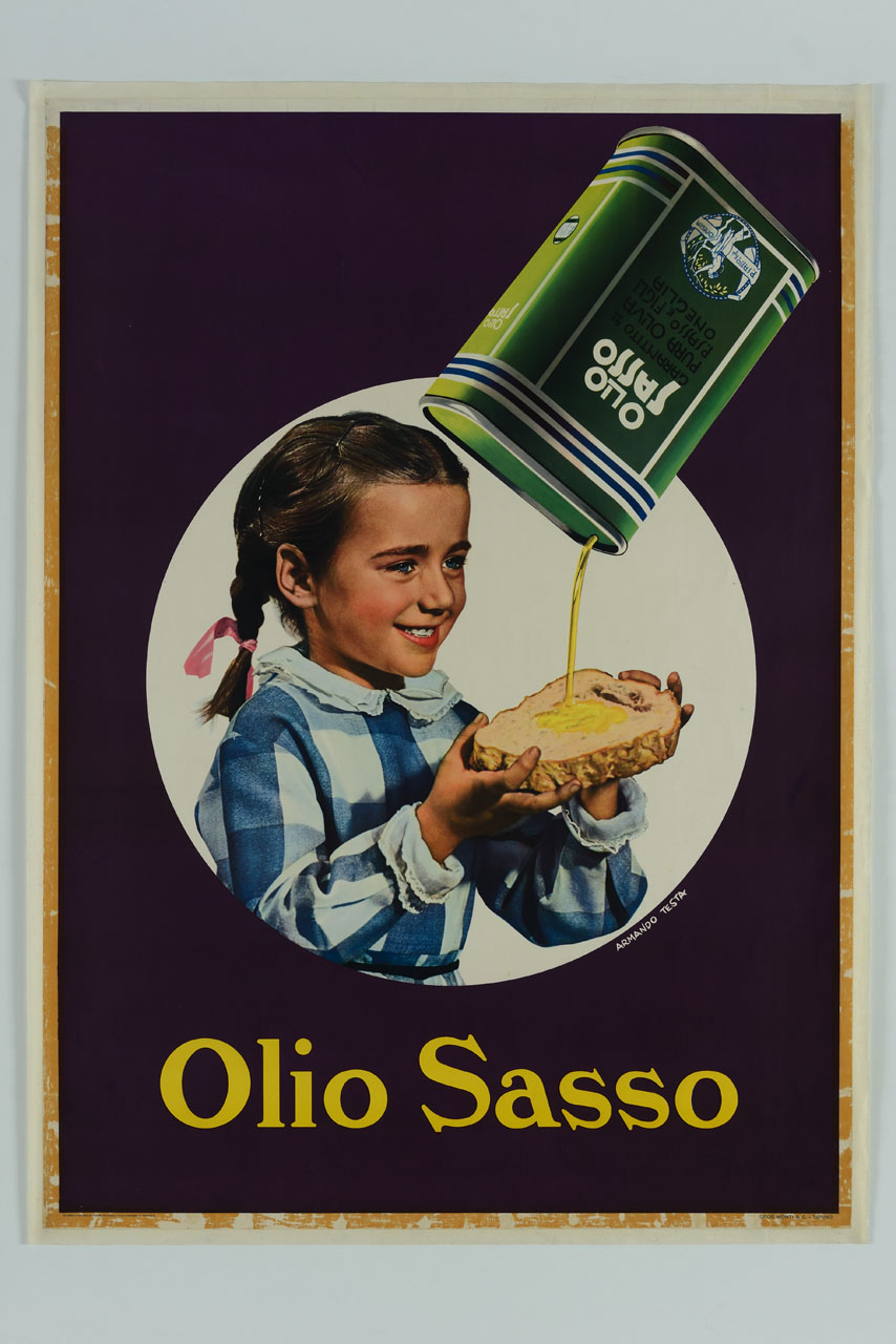 bambina regge una fetta di pane su cui scende olio d'oliva da una lattina (manifesto) di Testa Armando (sec. XX)