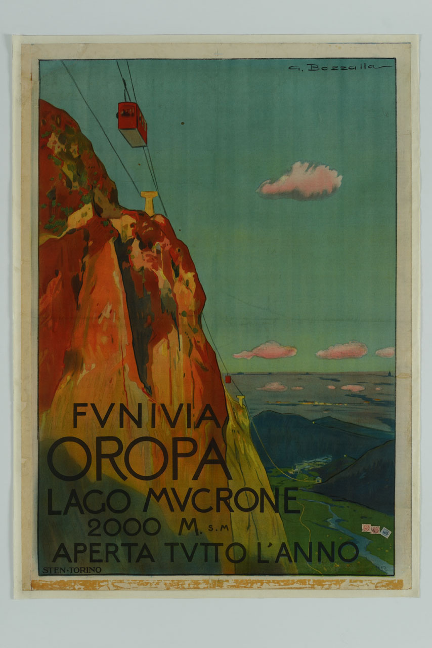 funivia di Oropa e paesaggio circostante (manifesto) di Bozzalla Giuseppe (sec. XX)