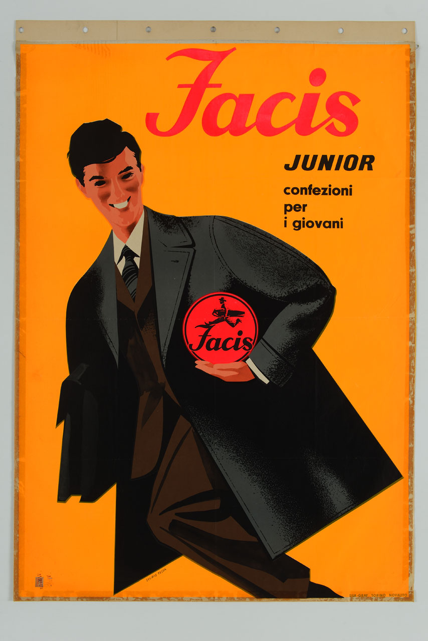 uomo con borsa e impermeabile reca sottobraccio marchio commerciale (manifesto) di Studio Testa (sec. XX)