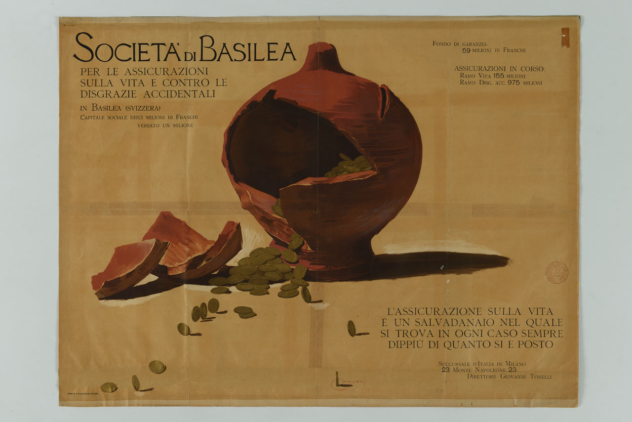 salvadanaio rotto dal quale fuoriescono monete (manifesto) di Conconi Luigi (sec. XX)