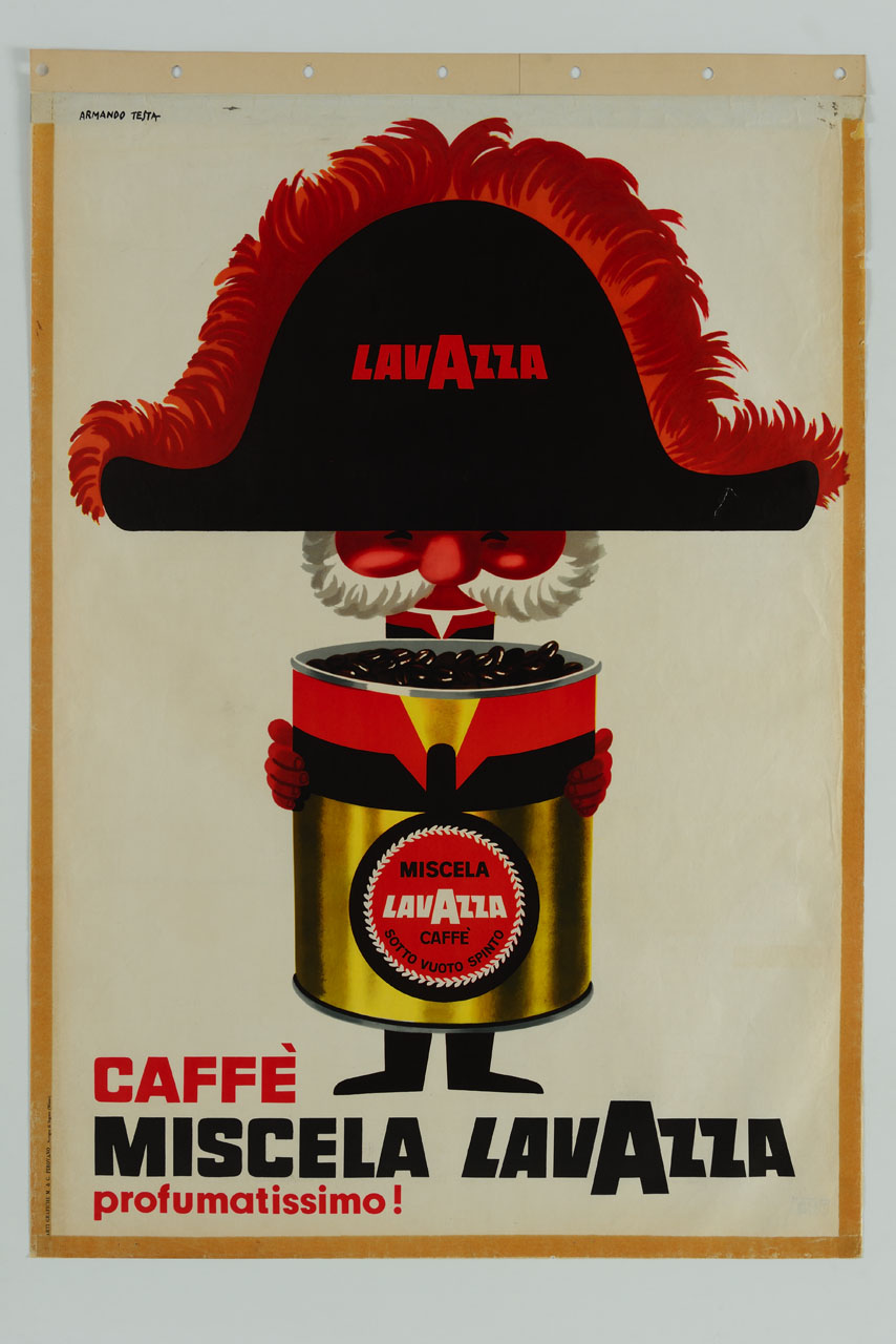 figura maschile baffuta con cappello napoleonico regge un barattolo di caffè (manifesto) di Testa Armando (sec. XX)