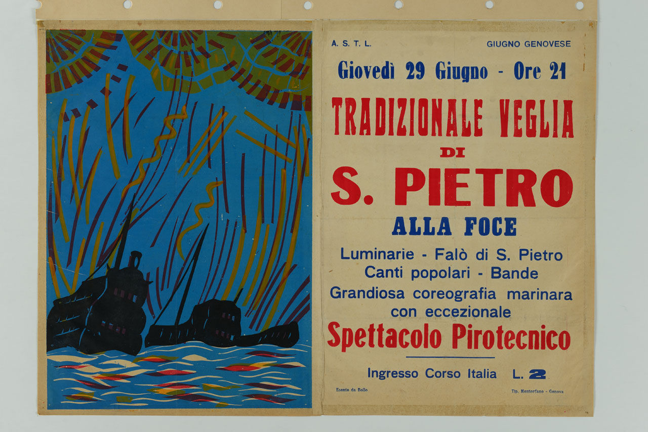 barche nel mare con fuochi d'artificio (manifesto) - ambito italiano (sec. XX)