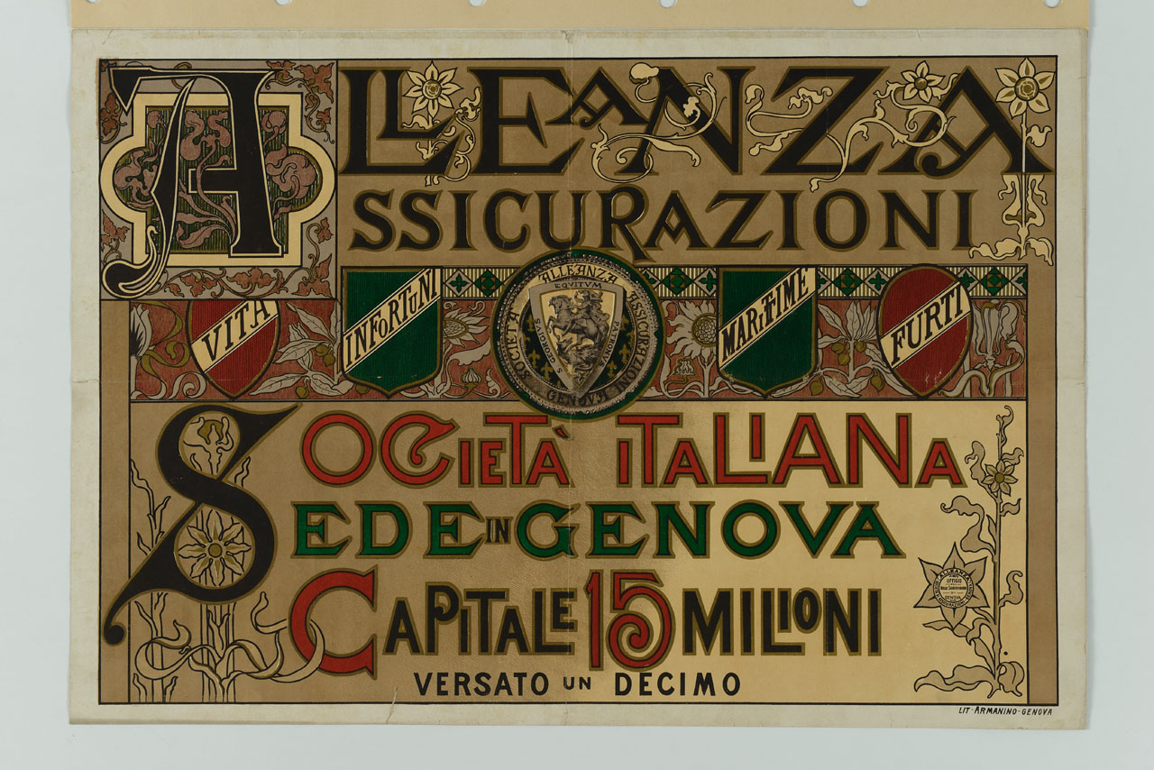 partitura decorativa geometrica e floreale con stemmi nella fascia centrale (manifesto) - ambito italiano (secc. XIX/ XX)