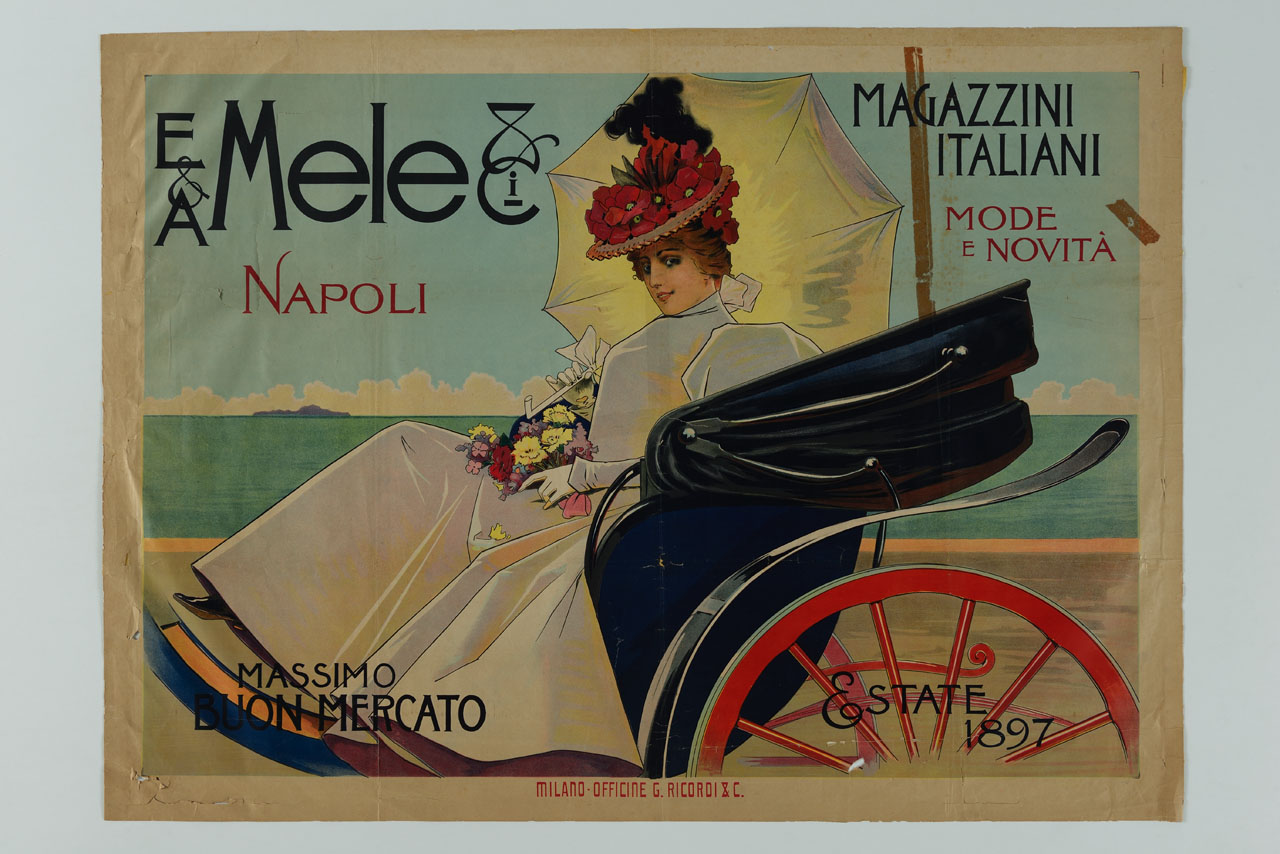 donna in carrozza in riva al mare (manifesto) di Villa Aleardo (sec. XIX)
