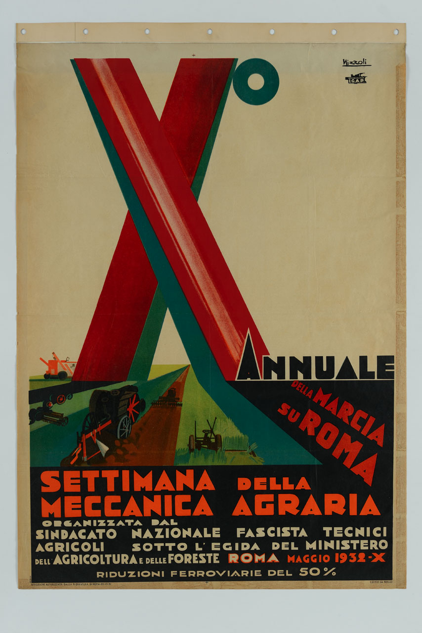 campi coltivati con macchinari agricoli all'ombra di una gigantesca X (manifesto) di Nizzoli Marcello (sec. XX)