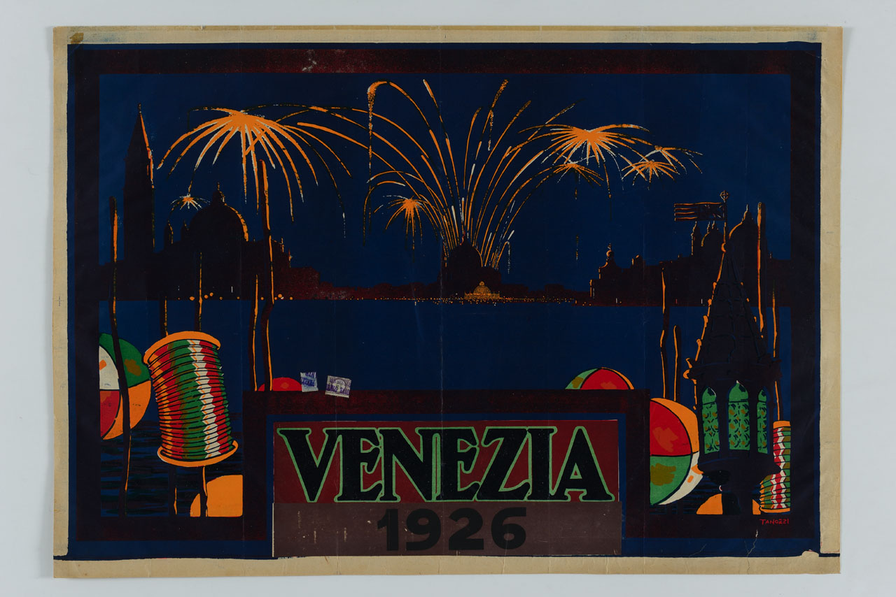 laguna di Venezia con i fuochi d'artificio di notte (manifesto) di Tanozzi Gorgon (sec. XX)