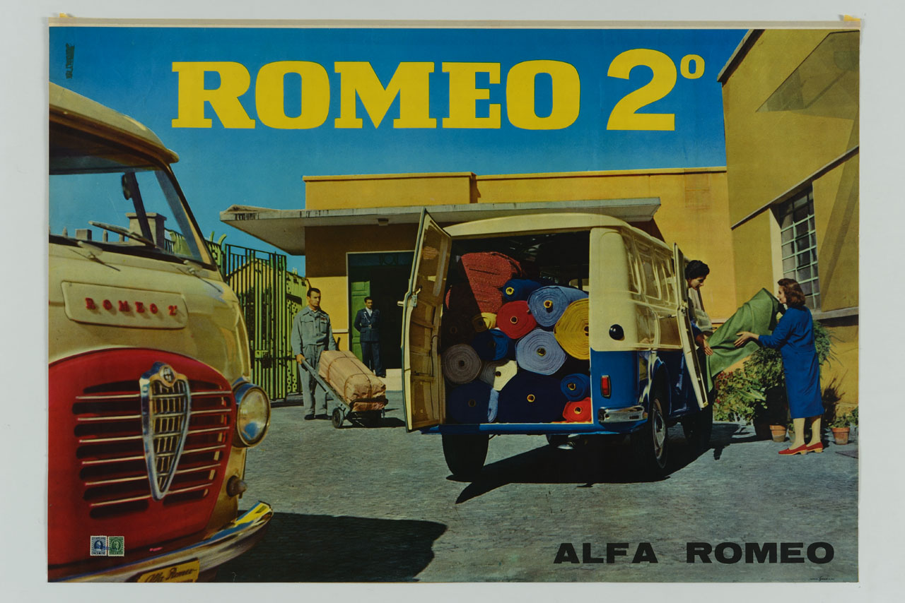 operaie caricano tessuti su un furgone nei pressi di uno stabilimento (manifesto) - ambito italiano (sec. XX)