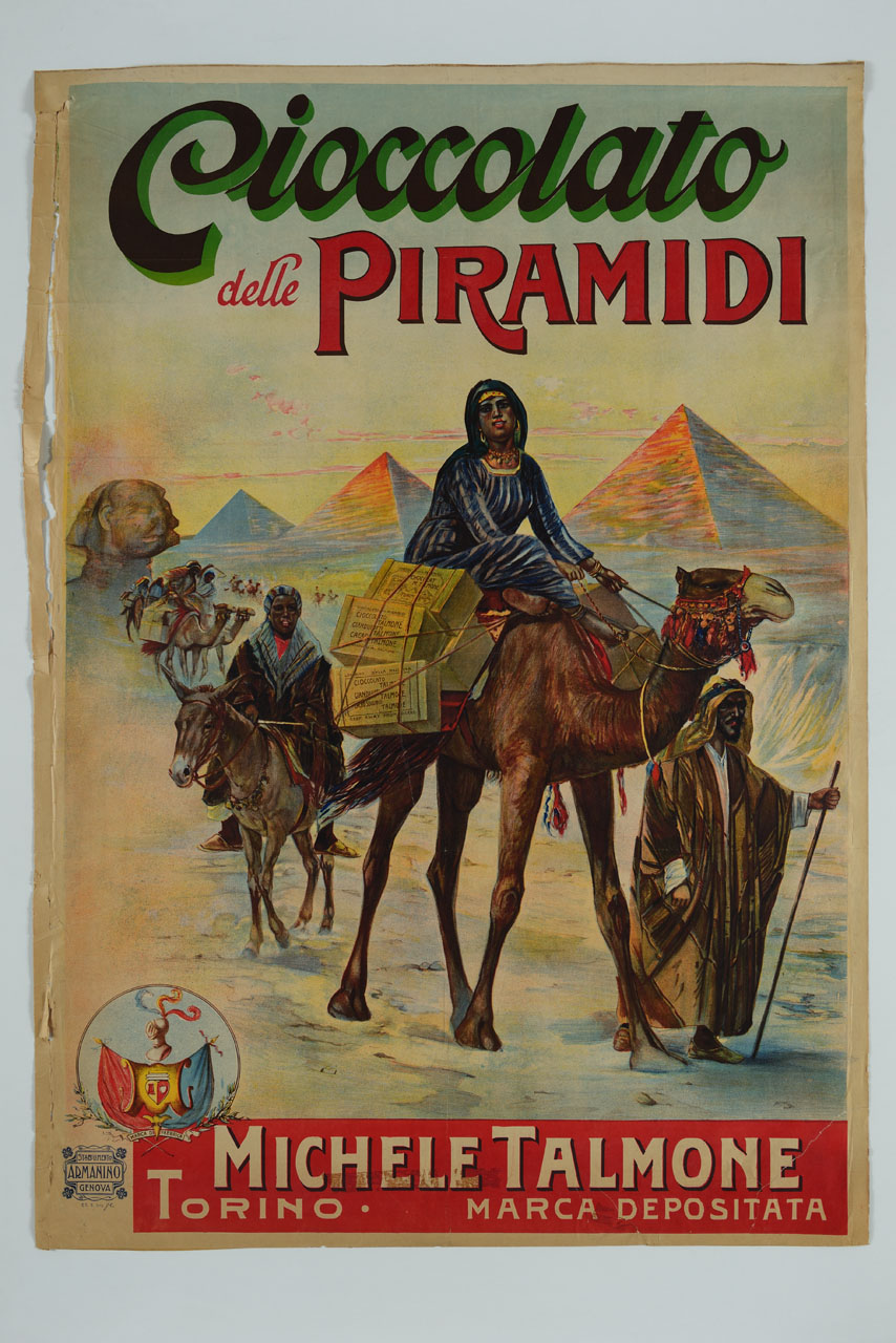 carovana con dromedari, asino e piramidi sullo sfondo (manifesto) di Rossi Alberto (sec. XX)