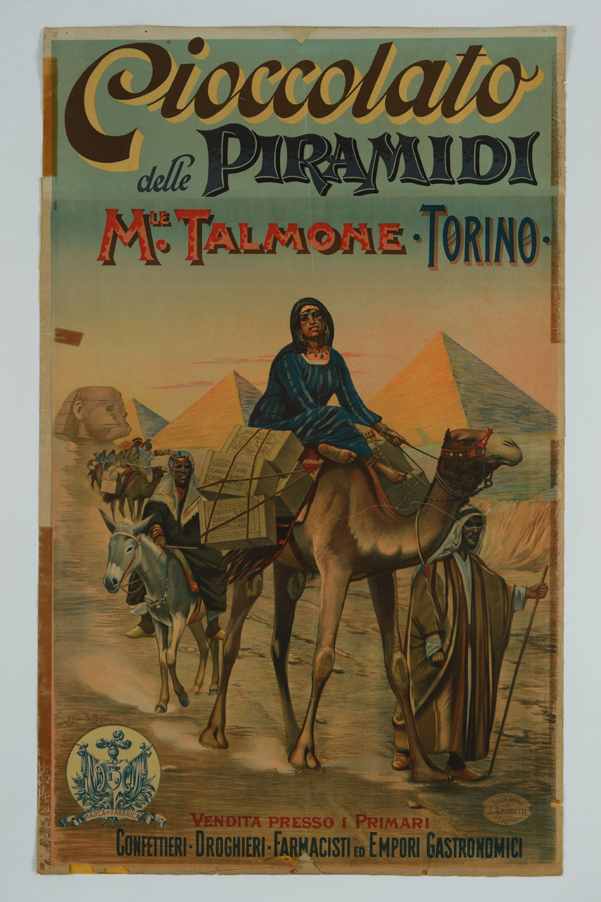 carovana con dromedari, asino e piramidi sullo sfondo (manifesto) di Rossi Alberto (inizio sec. XX)