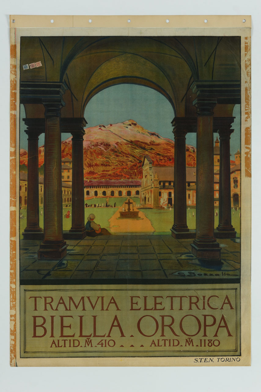 veduta del monte e del santuario di Oropa da sotto un portico (manifesto) di Bozzalla Giuseppe (sec. XX)