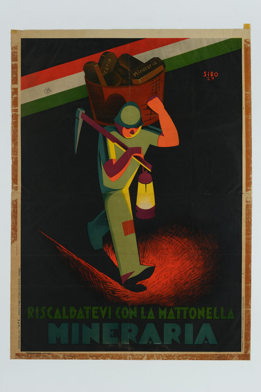 figura maschile con piccone e lanterna trasporta cesto di mattonelle, sullo sfondo bandiera italiana (manifesto) di Spironello Umberto detto Siro (sec. XX)