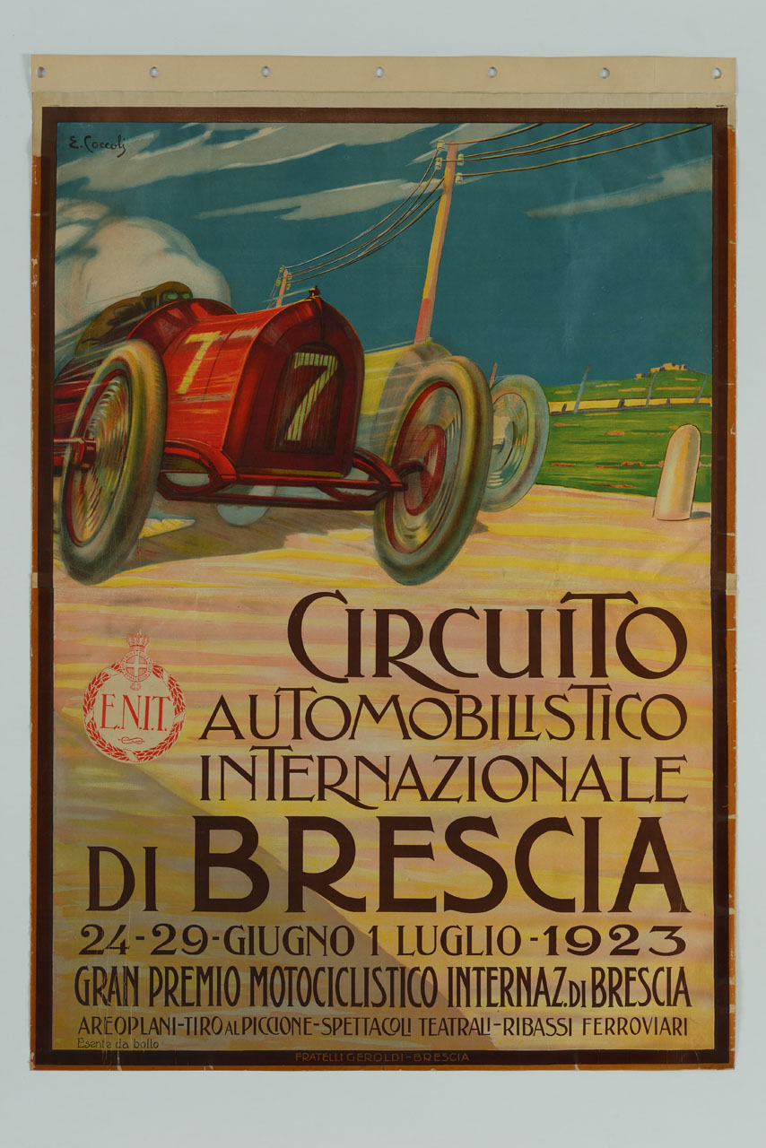 due automobili in corsa su strada di campagna (manifesto) di Coccoli Eliodoro (sec. XX)