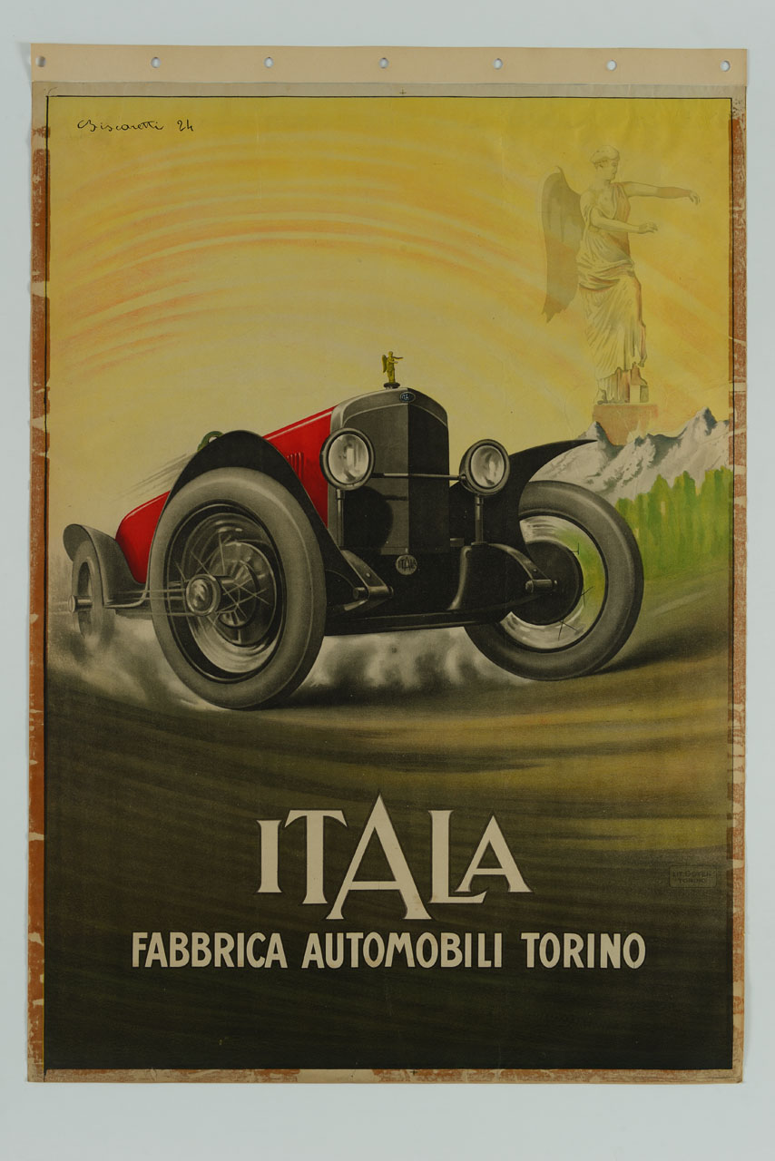 automobile in corsa sullo sfondo di montagne e della Vittoria alata (manifesto) di Biscaretti di Ruffia Carlo (sec. XX)