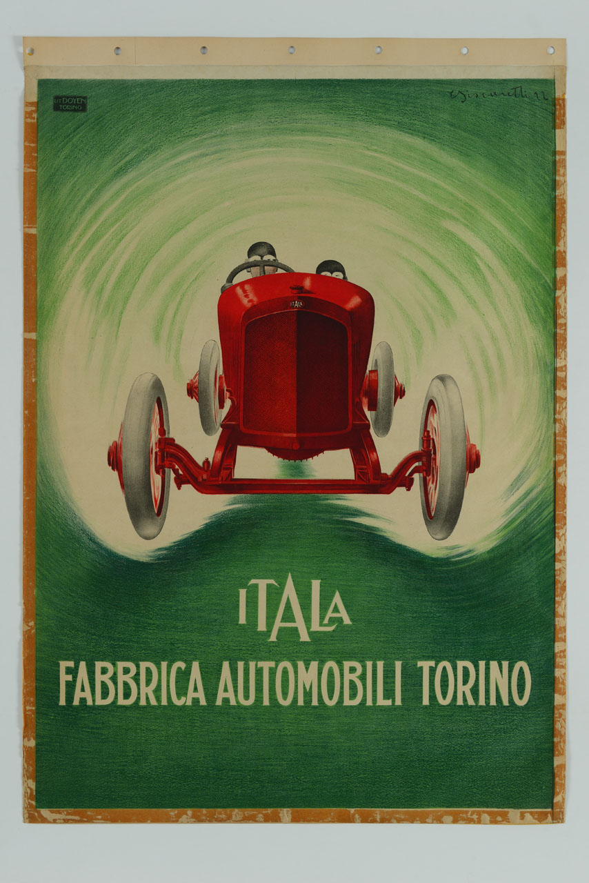 veduta frontale di un'automobile con due piloti (manifesto) di Biscaretti di Ruffia Carlo (sec. XX)