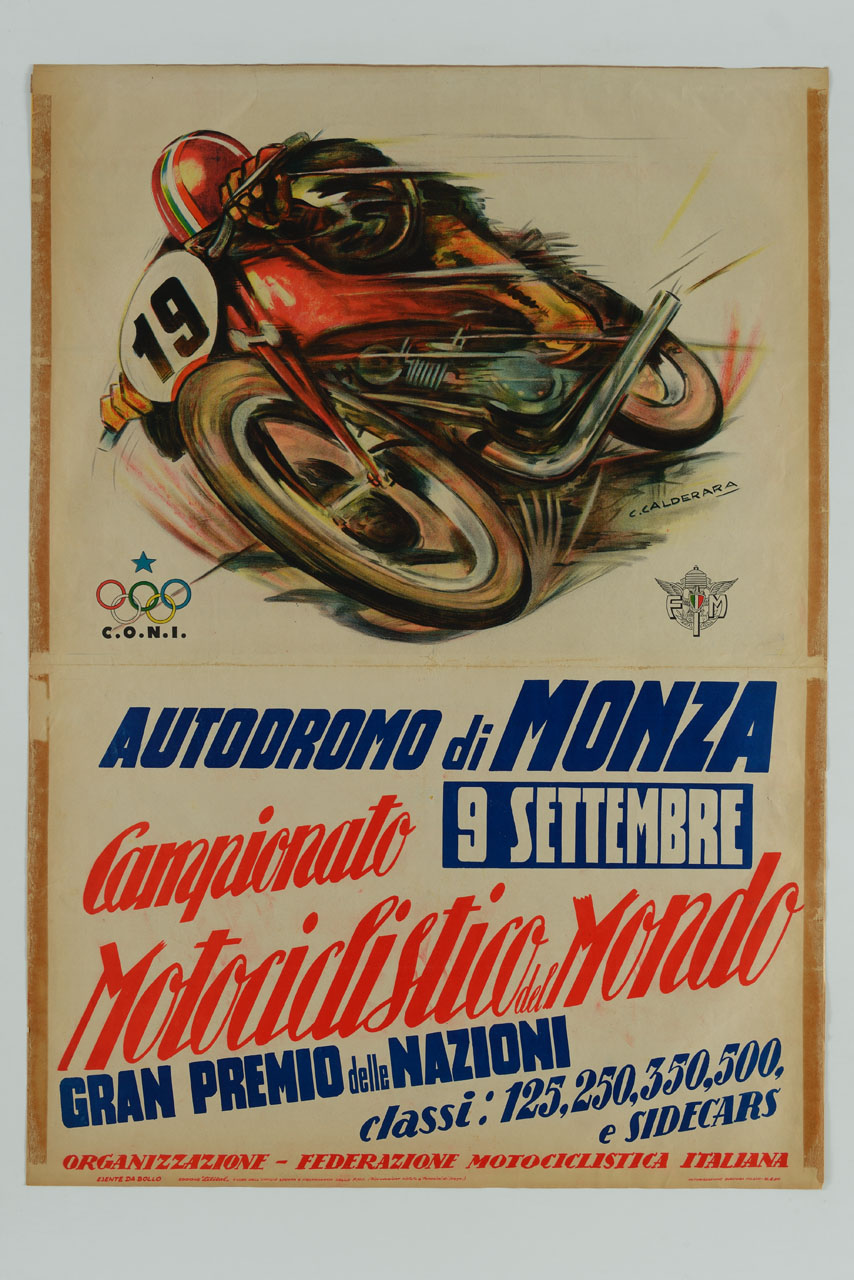 motociclista in corsa in una curva (manifesto) di Calderara Antonio (sec. XX)