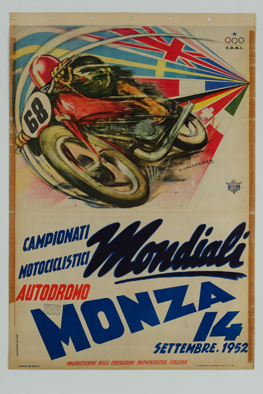 motociclista in corsa e bandiere olandese, inglese, svedese, francese, tedesca, svizzera, italiana (manifesto) di Calderara Antonio (sec. XX)