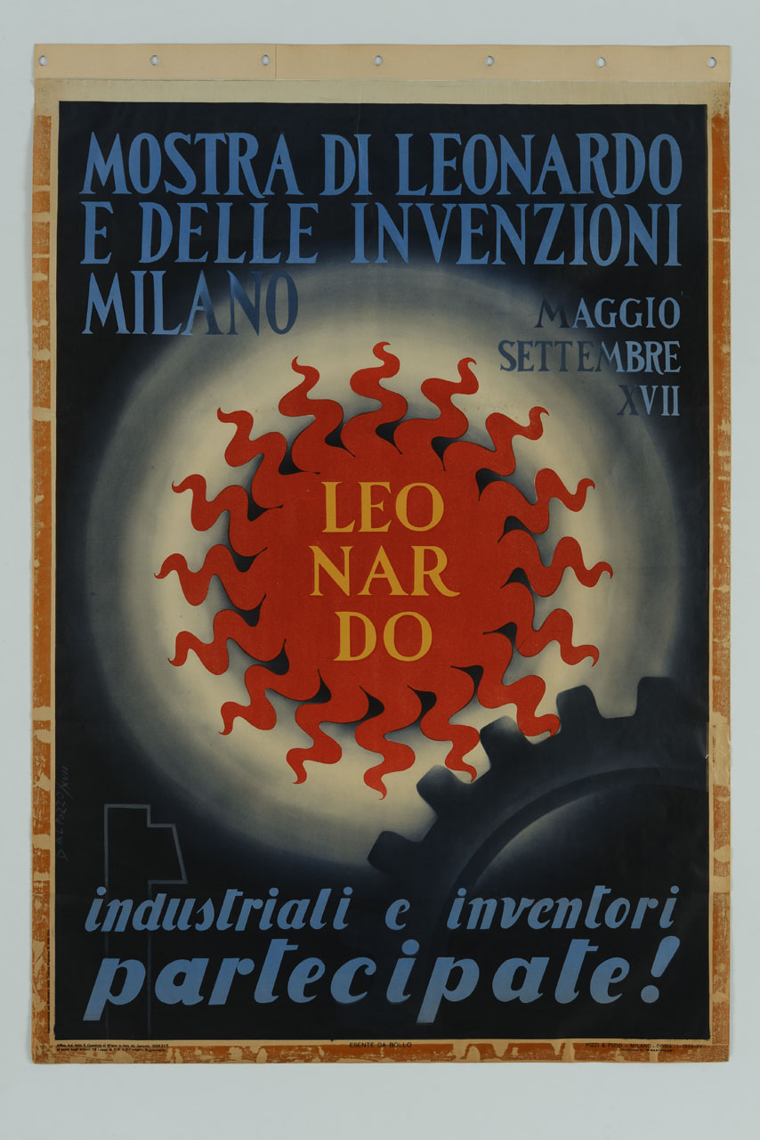 sole rosso entro alone bianco e ruota dentata (manifesto) di Dal Pozzo Francesco (sec. XX)