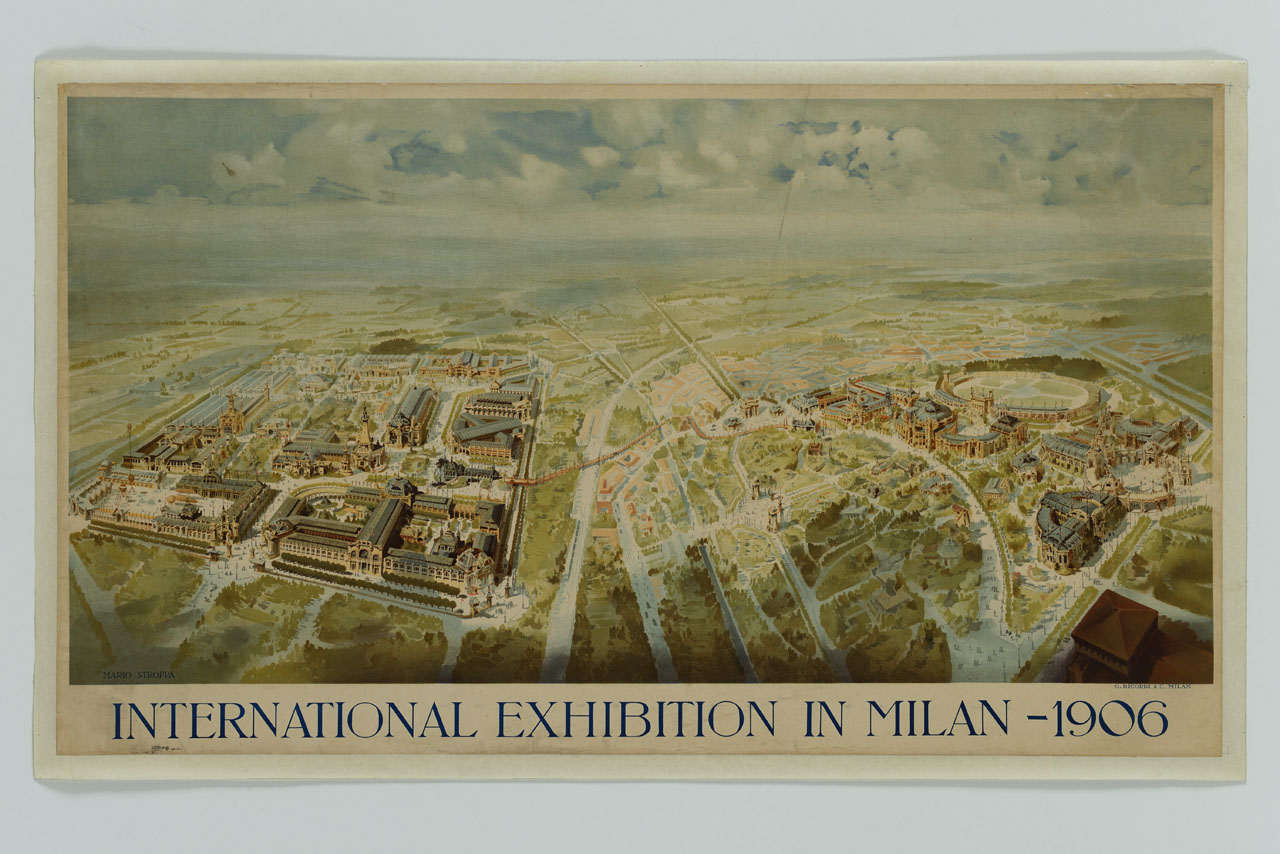 veduta a volo d'uccello della Vecchia e della Nuova Piazza d'Armi di Milano con padiglioni fieristici (manifesto) di Stroppa Mario detto Marius (sec. XX)
