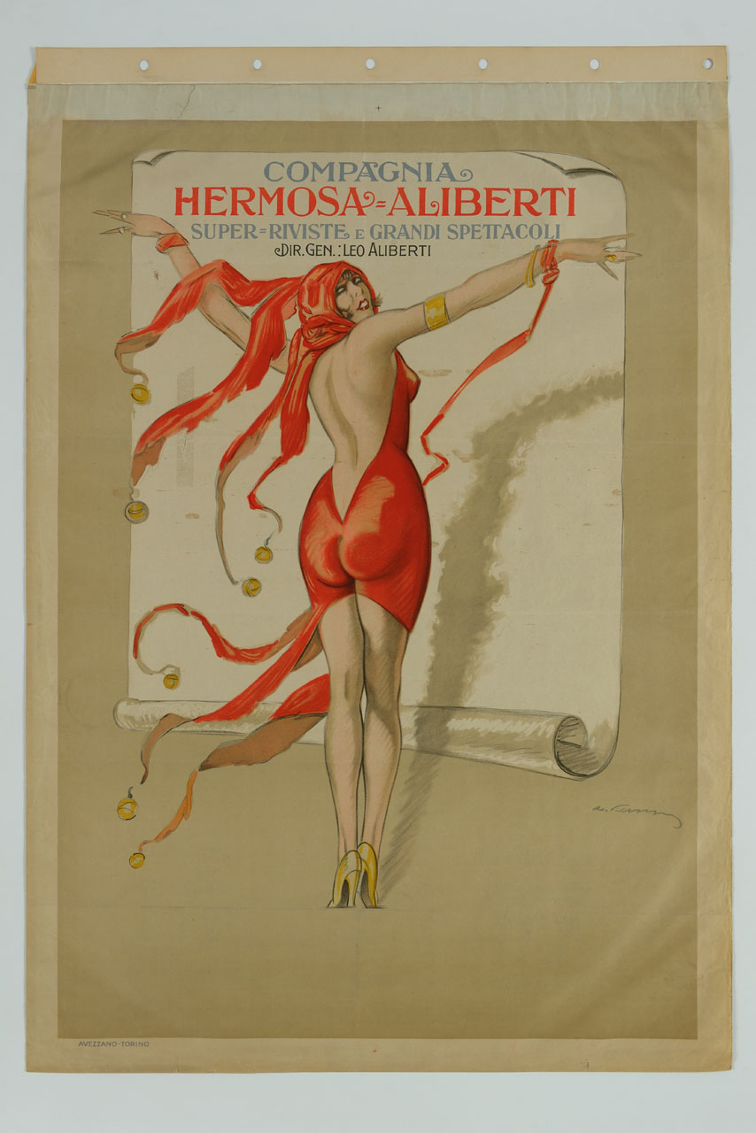 donna di spalle con vestito e cappello con lunghe frangie terminanti con pon pon tiene un menifesto (manifesto) - ambito italiano (sec. XX)