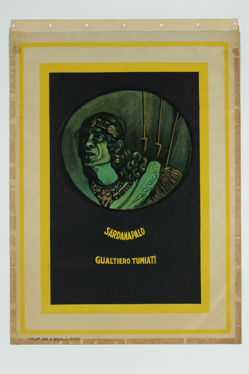 Sardanapalo colpito da tre freccie entro riserva circolare (manifesto) - ambito italiano (sec. XX)
