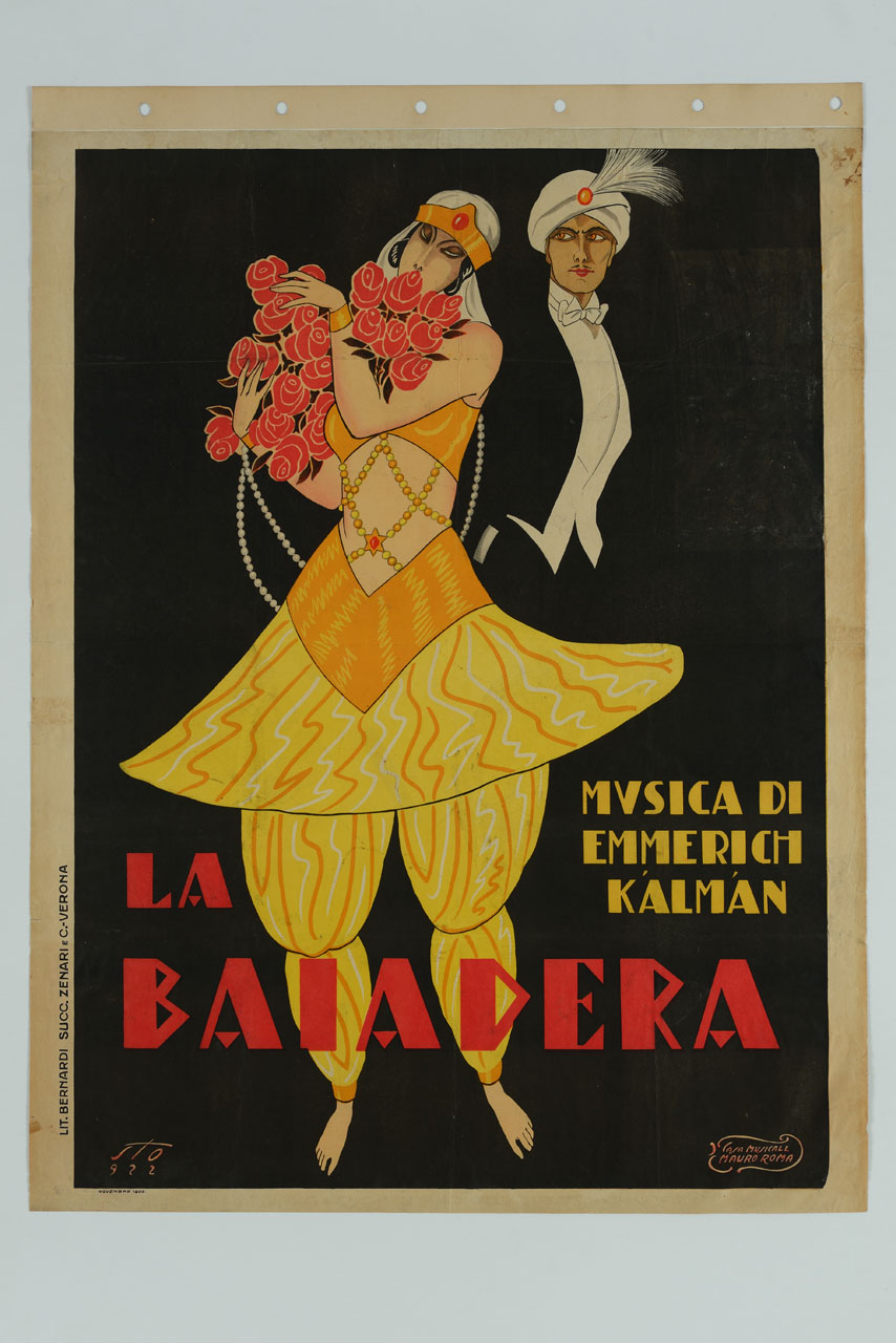 ballerina con mazzo di rose tra le braccia e uomo con turbante alle spalle (manifesto) di Tofano Sergio detto Sto (sec. XX)