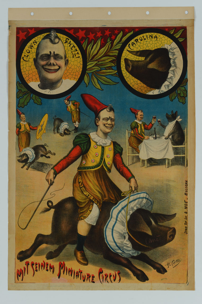 clown Ghezzi in scene comiche con il maiale Carolina (manifesto) di Cetto Mario (inizio sec. XX)